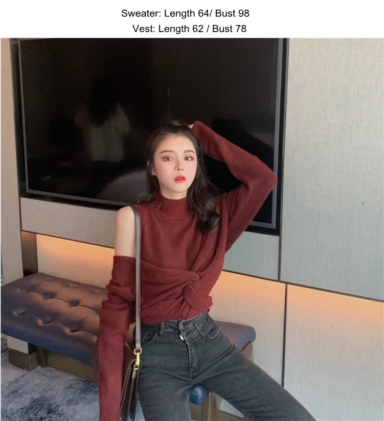 Korean version of the retro lazy wind new button cross V-neck sweater jacket+ half-high collar vest sweater two-piece