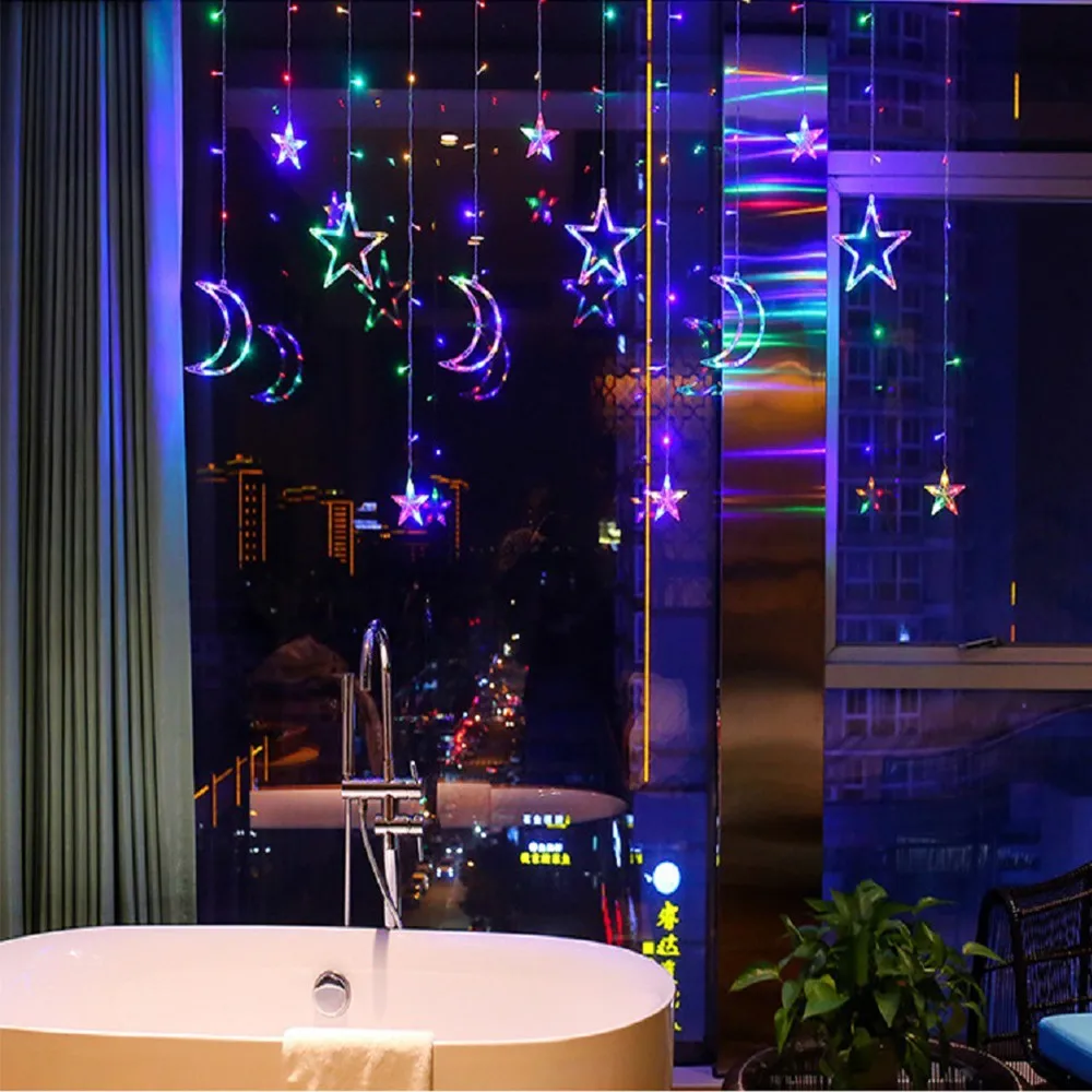 US $12.39 EUUSUK Plug LED Moon Star Lamp Christmas Garland String Lights Fairy Curtain Light For Wedding Holiday Garden Decoration