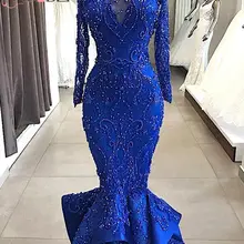 Одежда с длинным рукавом Дубай платье с юбкой годе Королевского синего цвета Вечерние платья с открытыми плечами из бисера, торжественные платья с кружевом Abiye Выпускные платья с оборками Поезд