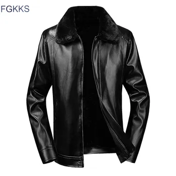 

FGKKS Fashion Brand Men PU Leather Jacket New Men's Detachable Fur Collar Fleece Leather Coat Casual Leather Jackets Male