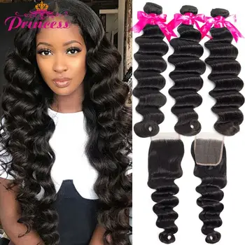 

Princess Loose Deep Wave Bundles With Closure Remy Human Hair Bundles With Closure Peruvian Hair Weave 3 Bundles With Closure
