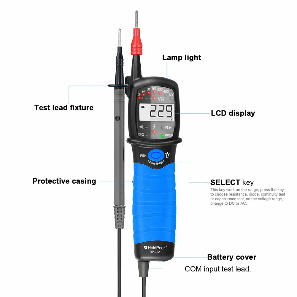 

HP-38A Electrical Voltage Tester Pen AC/DC Digital Voltage Meter IP64 LCD Display Voltmeter with Flashlight Function LB88