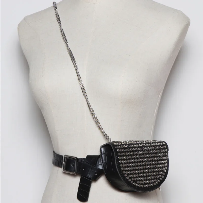 Новая модная весенняя трендовая дизайнерская поясная сумка для женщин, Повседневная однотонная сумка с заклепками и цепочкой, съемный ремень через плечо, женская сумка ZK157