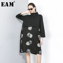 [EAM] женское платье в черный горошек, новинка, круглый вырез, рукав три четверти, свободный крой, Мода весна-осень, 1D209