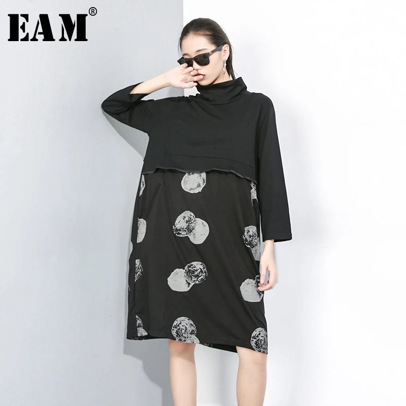 

[EAM] Women Black Dot Printed Temperament Dress New Round Neck Three-quarter Sleeve Loose Fit Fashion Spring Autumn 2019 1D209