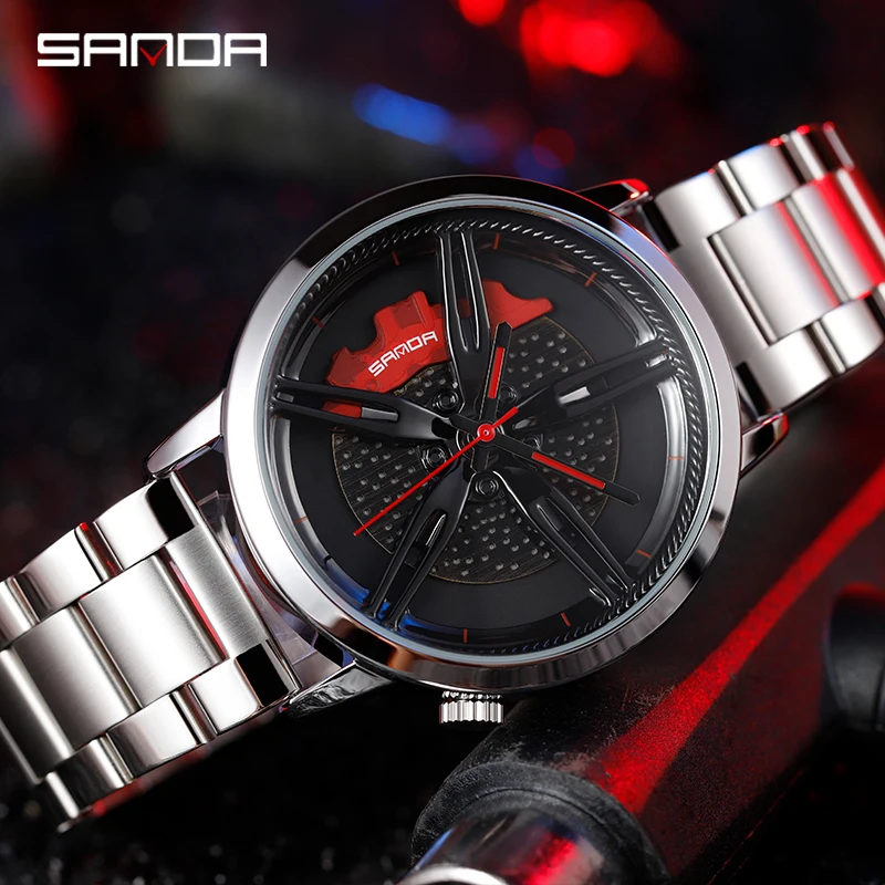 Car Wheel Rim Hub Men Watch SANDA Sports Male Quartz Sliver Stainless Steel Leather Wrist Watches Waterproof Relogio Masculino