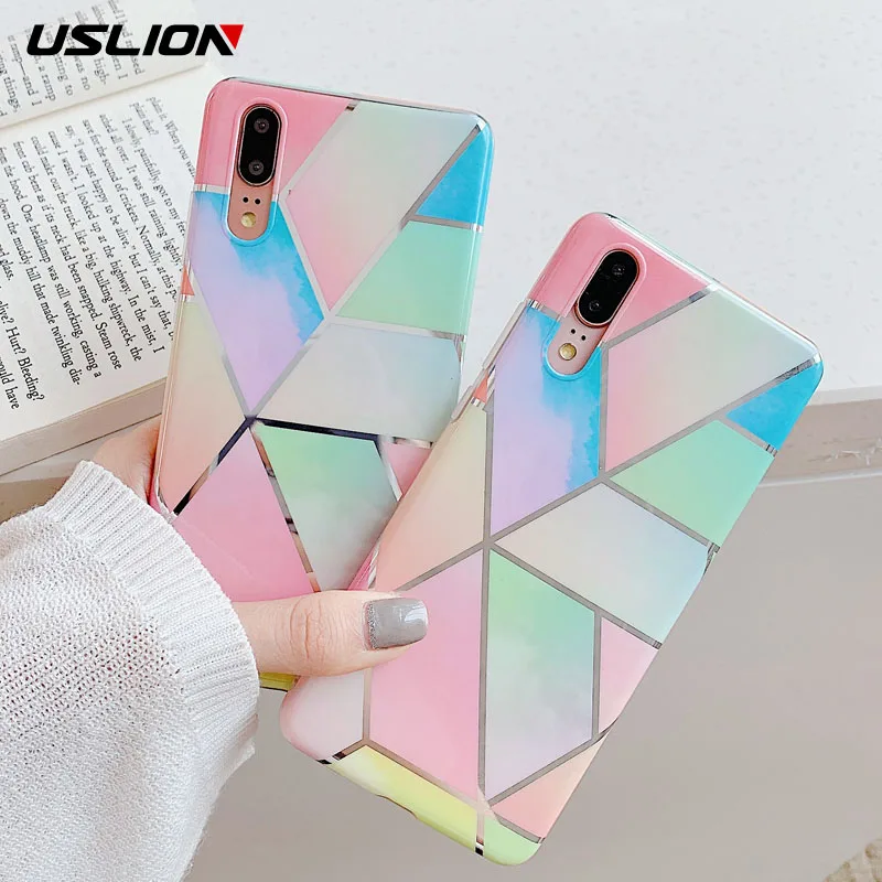 

USLION Electroplated Geometric Marble Phone Cases For iPhone X XS XR Xs Max 6 6s 7 8 Plus Soft IMD Splice Back Cover Coque Gift