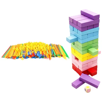 

48x Wooden Stacking Board Games Building Blocks for Kids & 300x 4D Space Straw Stitching Assembly Buliding Blocks