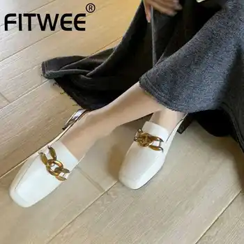 

FITWEE Women Sandals Shoes Real Leather Square Toe Thick Heel Chain Decoration Slip On Shoes Elegant Shoes Female Size 34-43