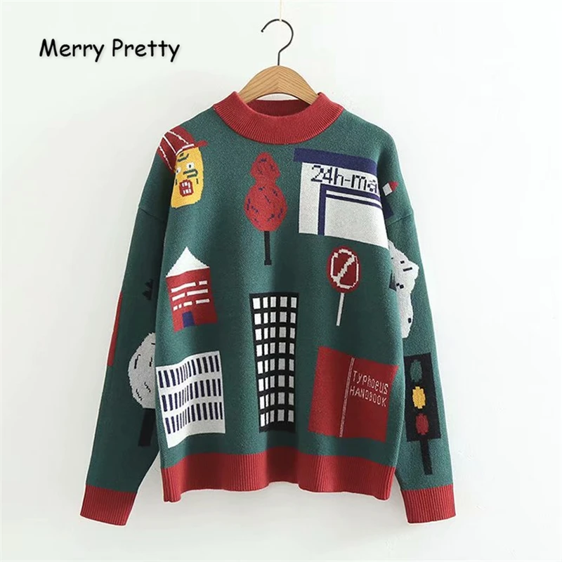 MERRY PRETTY Женский вязаный свитер с мультяшной вышивкой Зимний толстый теплый жаккардовый свитер с круглым вырезом и длинным рукавом вязаный пуловер