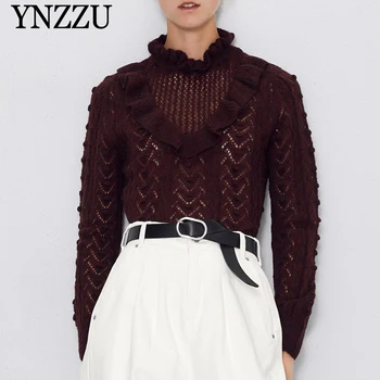 

Purple Women Ruffles knitted Sweater 2019 New arrival Long sleeve Pointelle pullover tops Sexy Slim Female jumper YNZZU YT718