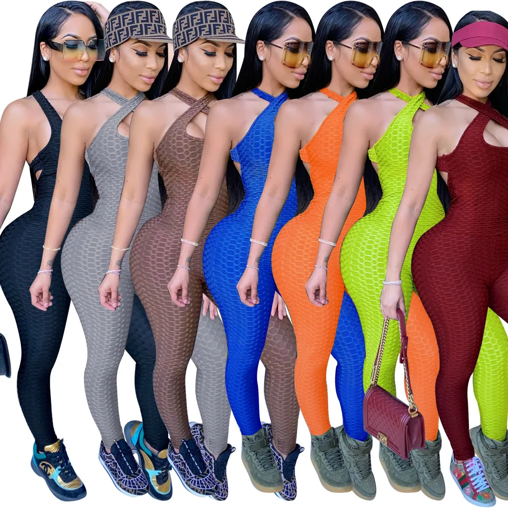 Fitness Sporty Bodycon Jumpsuit Sexy Sportswear Hollow Out Halter