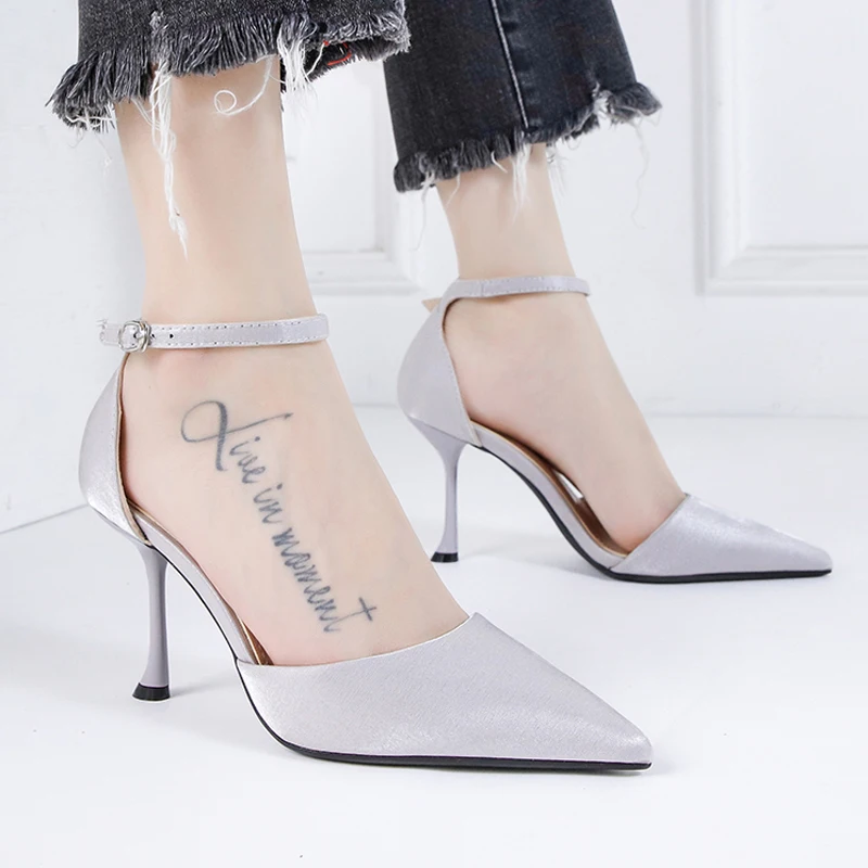 

Shoes Women silk Pointed Toe pumps fashion High Heels shoes hollow buckle Slides sexy sandals zapatos mujer black gold pink gray