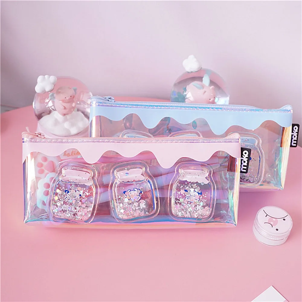 

1pc Cute Laser Milk Bottle Pencil Case Iridescent Laser Cute Transparent Pattern Kids Prise Kawaii Stationery School Supplies