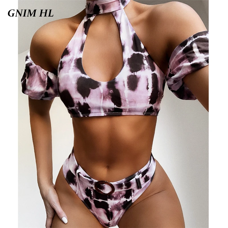 

GNIM High Waist Print Bikini Mujer 2020 Sexy Hollow Out Swimwear Women Two Pieces High Neck Brazilian Swimsuit Female Two Pieces