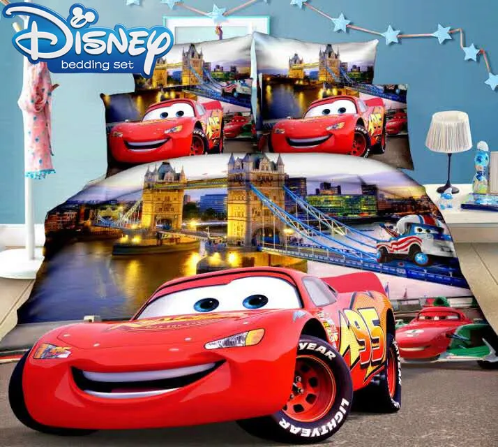 Disney Cartoon Bedding 3D Mcqueen Car Bed Linens Kids Twin Size Bed Set