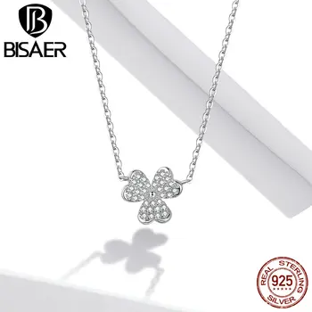 

BISAER Necklace 925 Sterling Silver Three Leaves Zircon Clavicle Chain Link For Women Fashion Silver 925 Jewelry HSN401