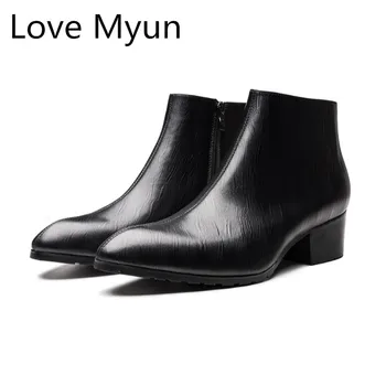 

Autumn Winter New Genuine Leather Men Boots High Heels Pointed Toe Warm Plush Snow Boots Men's Business Work Chelsea Ankle Boots