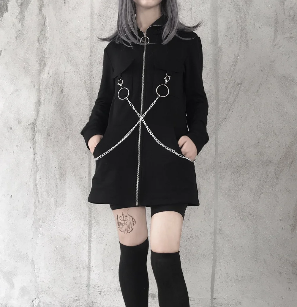 InsGoth Black Hooded Sweatshirts Women Coats Gothic Punk Zipper Material Chain Long Hoodies Pullover Streetwear Lady Long Hoodie