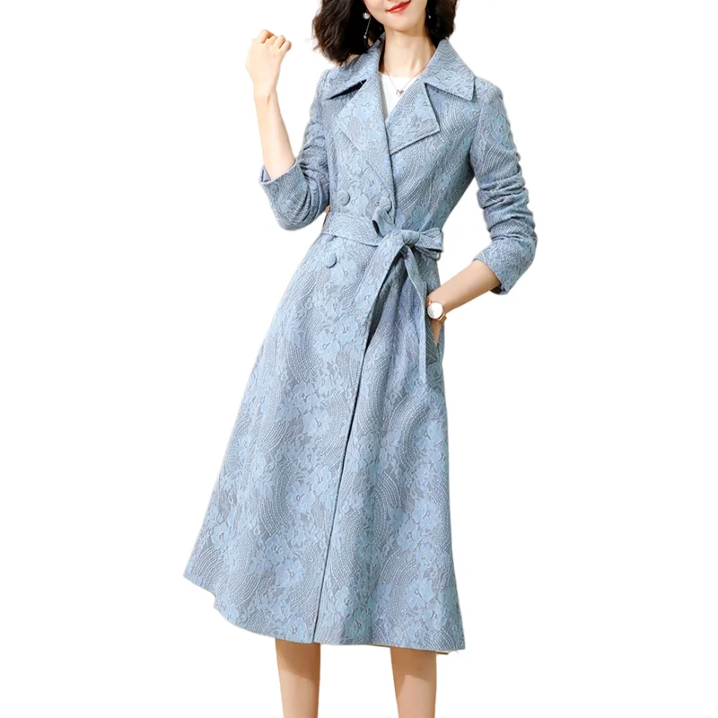 

2023 New Double Breasted Elegant Trench Coat for Office Lady Lapel Luxury Jacquard Lace Long Women Windbreaker 3xl