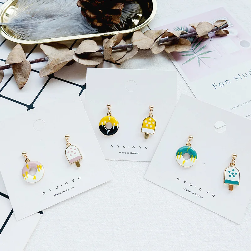 

Japanese New Simple Cute Ice Cream Donut Cartoon Asymmetric Earrings Fashion Creative Women Girl's Jewelry Accessories
