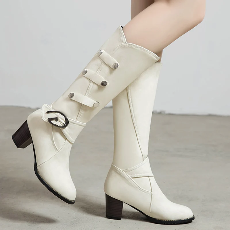 Rimocy/женские водонепроницаемые сапоги до колена из искусственной кожи фиолетовые сапоги на массивном каблуке с металлическими заклепками и пряжкой женская обувь размера плюс 34-48