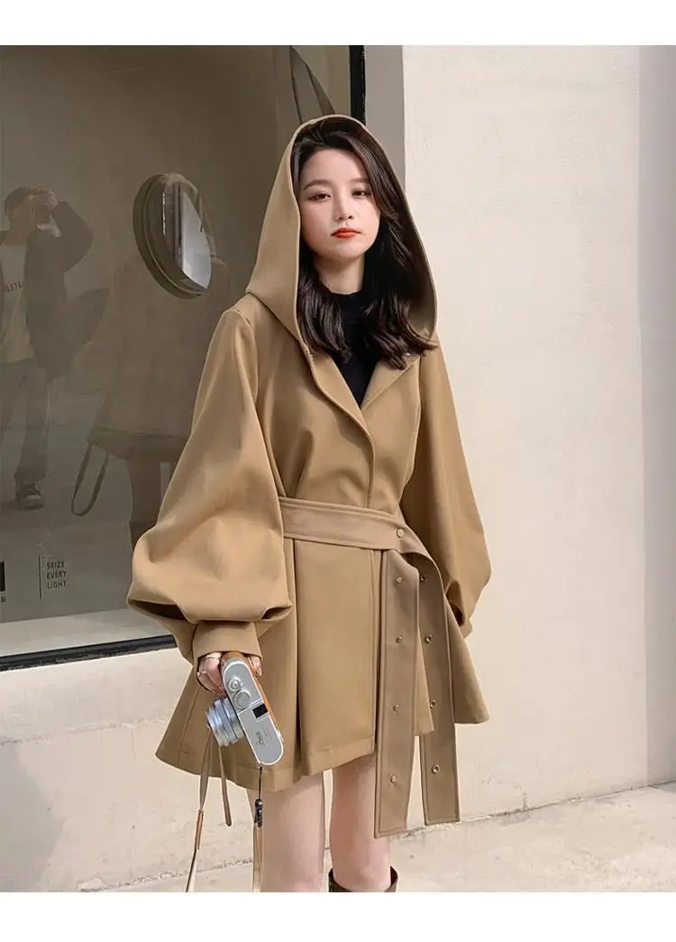 Fashion Elegant Women's Short Windbreaker Trench Coat Autumn and Spring Korean Loose Hooded Plus Size Jacket Original Fabric Parkas