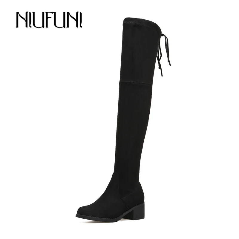 

NIUFUNI 2019 Autumn Winter Boots Women Black Flock Leather Over The Knee Boots Ladies Sexy Elastic Thigh High Boots Female Shoes