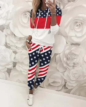 

Women Casual Loungewear Flag Print Colorblock Top & Pant Sets 2 Piece Outfits for Women