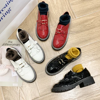 

Tassel slippers ladies sewing thread patent leather 2020 spring and autumn fashion round head casual women's shoes