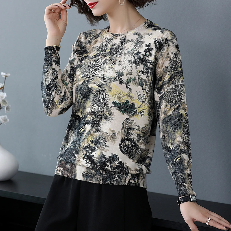YISU вязаный женский свитер в китайском стиле с чернильным принтом, повседневный Модный пуловер с круглым вырезом и длинными рукавами на осень и зиму, свободный женский свитер - Цвет: XING SE