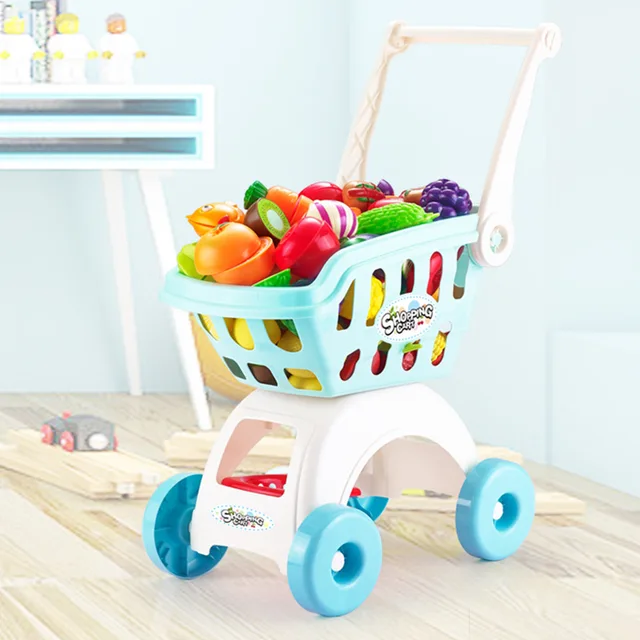 34pcs/set Kids Pretend Play Large Supermarket Shopping Cart Trolley Push Car Toys Basket Simulation Fruit Food House Girls Gifts 1