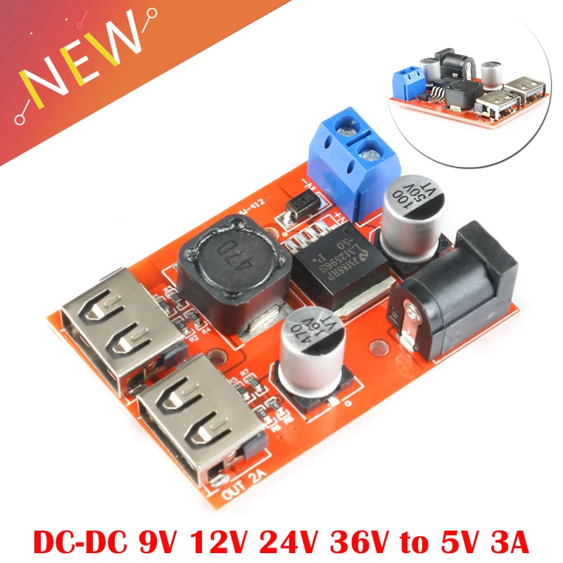 LM2596 LM2596S Dual USB Step Down Buck Converter Board Car Charger Solar Power Supply Module DC-DC 9V 12V 24V 36V to 5V 3A