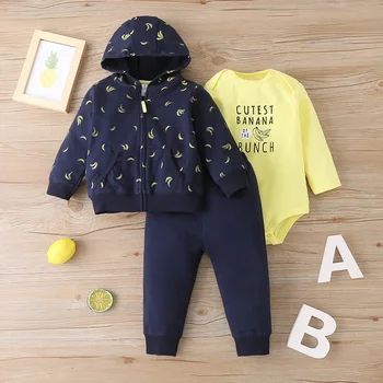 

2020 Autumn New Banana Print Baby Boy Girl Three-piece Set Kids Clothes Hooded Zipper Jacket + Rompers + Pants FSXMY200