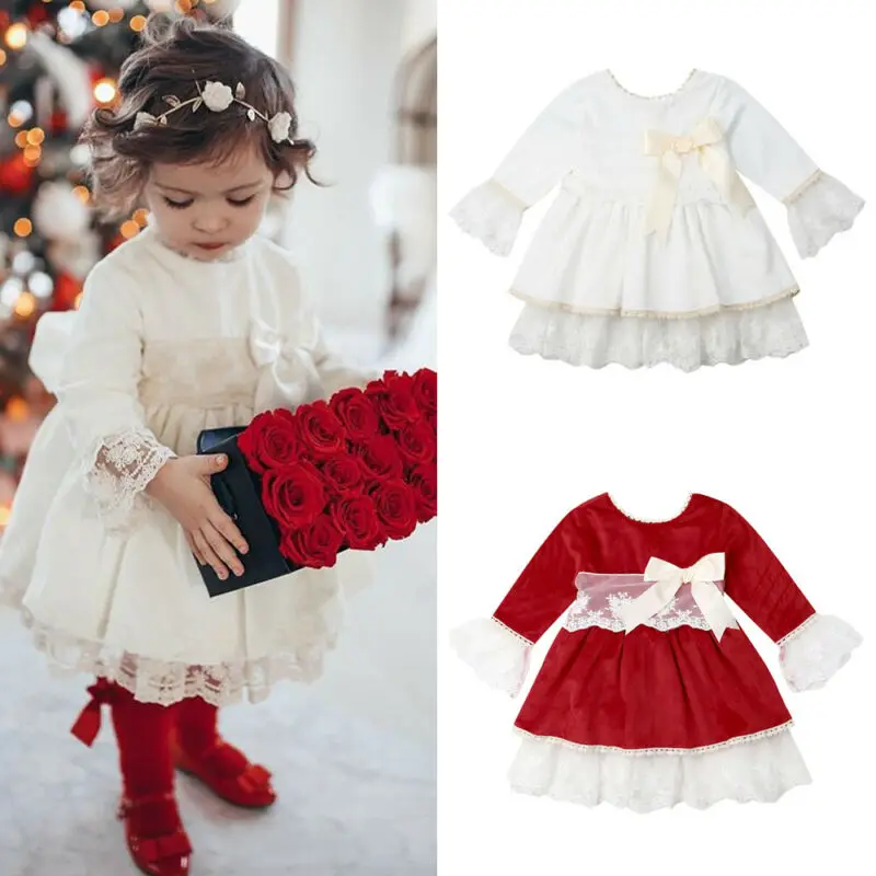 

1-6Years Christmas Toddler Baby Kids Girls Red Dress Long Sleeve Lace Bow Tutu Party Wedding Birthday Dresses Girl Xmas Costumes