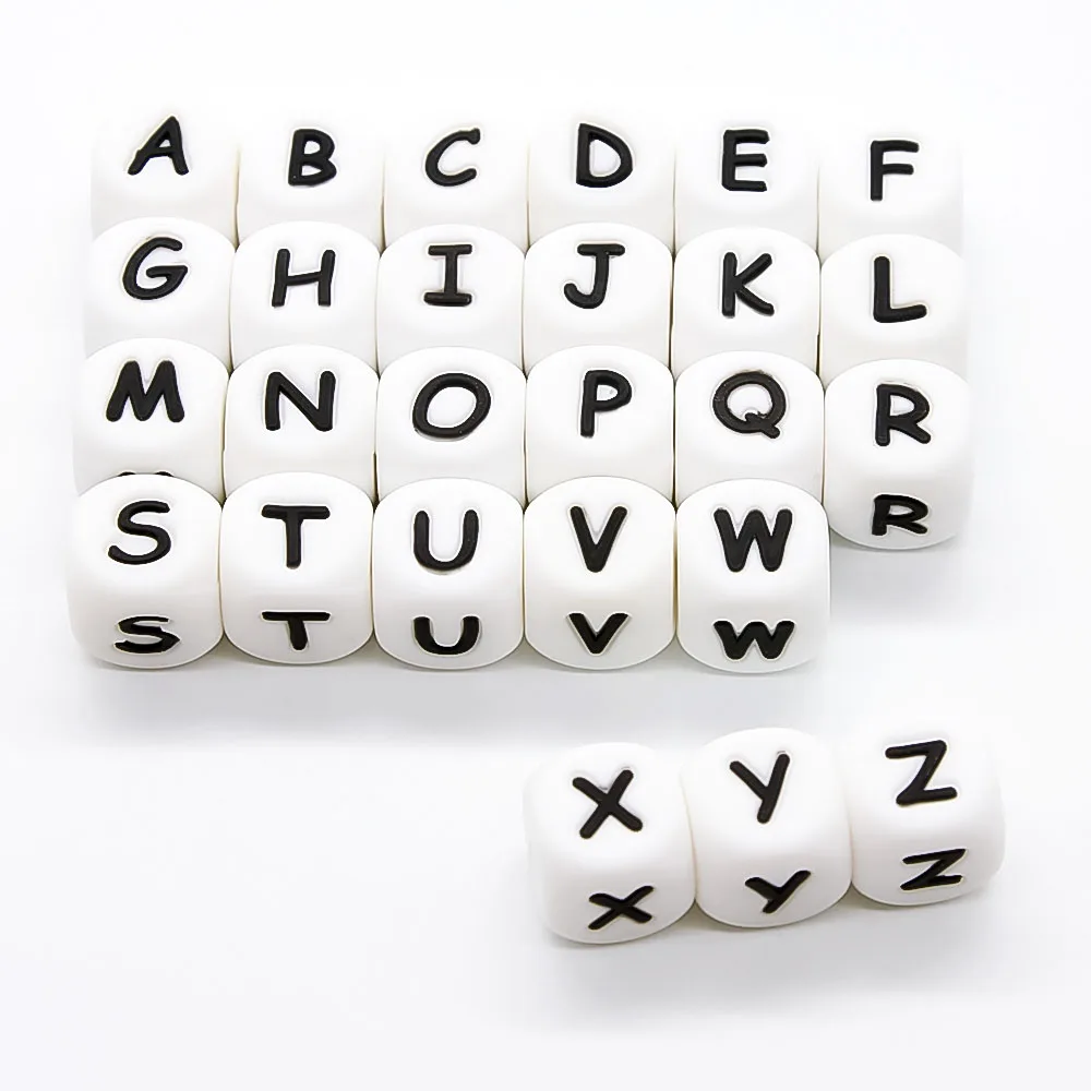 26pcs wooden letter alphabet beads baby teether food grade beech english letter for diy teething rattle baby teething beads Cute-idea 10pcs 12mm Baby Teether Silicone Beads Food Grade English Letters DIY Pacifier Chain  Baby Teething Necklace Toys