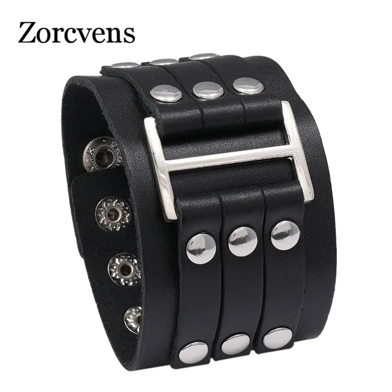 Leather Bracelet Punk Black Brown Wide Leather Bracelets Adjustable Button Cuff Bangles for Men Friendship Bracelet