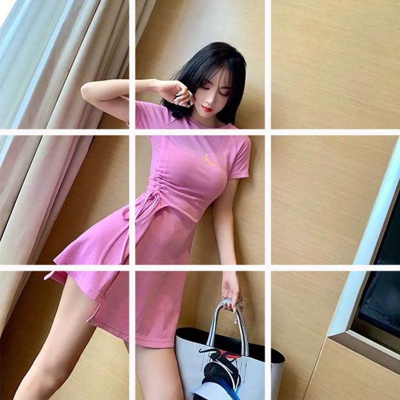 

2019 Summer Crescent Floral Printed Dress Women's New Style Crew Neck Slim Fit Waist Hugging Elegant-Drawstring Asymmetric Skirt