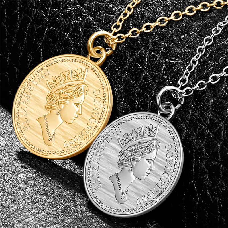 Creative Gold Silver Color Queen Elizabeth II Avatar Coin Pendant Necklaces Choker For Women Fashion Round Charm Necklaces