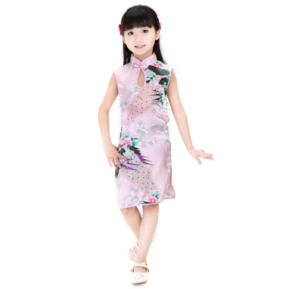 2Y-8Y Baby Girl Dress Peacock Sleeveless Slim Traditional Dress Cheongsam Girls Clothes Chinese Style Qipao baby chinese dress
