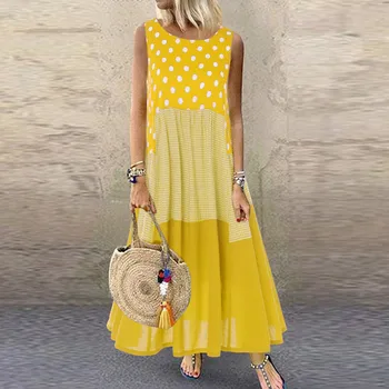 

Plus Size Women Vintage Wave Point Dot Dresses Summer Ladies Sleeveless Print Maxi Dress Casual Female Loose Long Dress vestidos