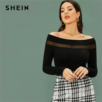 

SHEIN Black Off Shoulder Mesh Insert Slim Tee Women Sexy Tshirt Spring Long Sleeve Glamorous Solid Skinny T-shirts