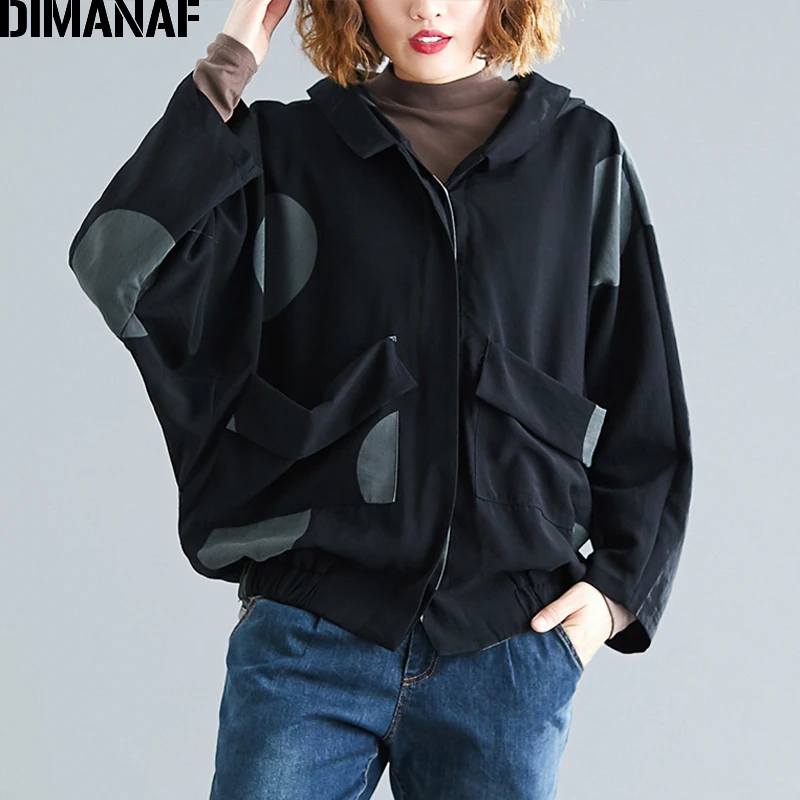 

DIMANAF Women Bomber Jacket Coat Big Size Autumn Female Outerwear Loose Big Size Batwing Sleeve Hooded Clothes Black Polka Dot