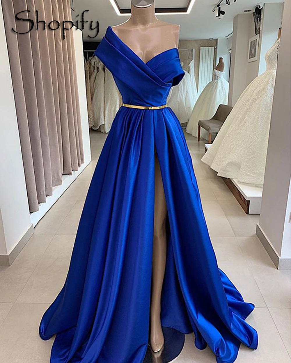 Vestidos de Noche largos simples para mujer, vestido noche Formal de de sarga Azul con un hombro al aire, con abertura alta, Sexy, 2021 - AliExpress