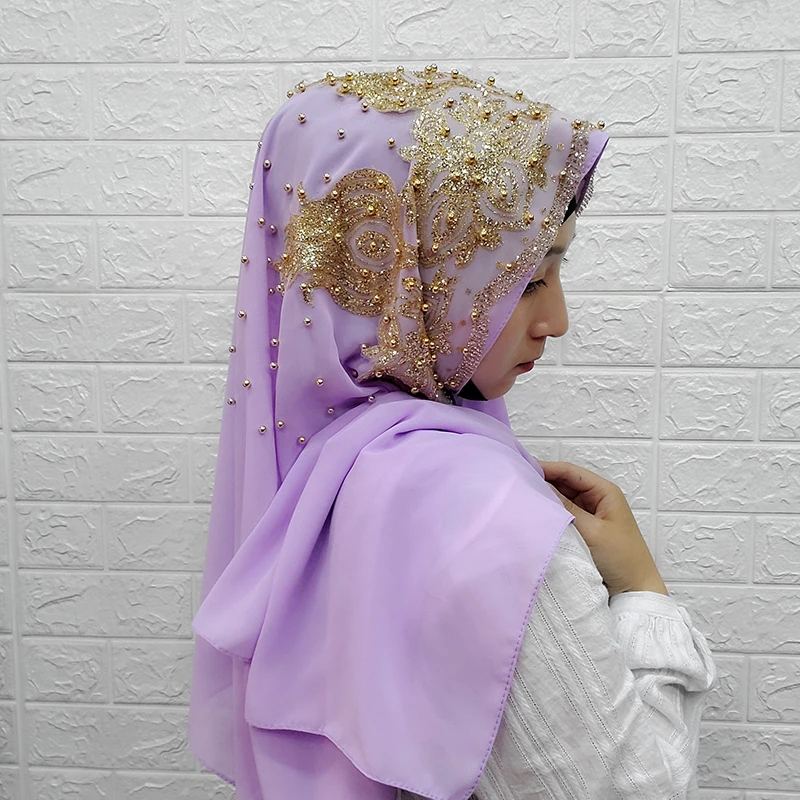 Light purple wholesale price hijabs Muslim Islamic Scarf Scarves for Woman Long Underscarf Hijab Solid Color with Bead Prayer Turbante - Цвет: Light purple