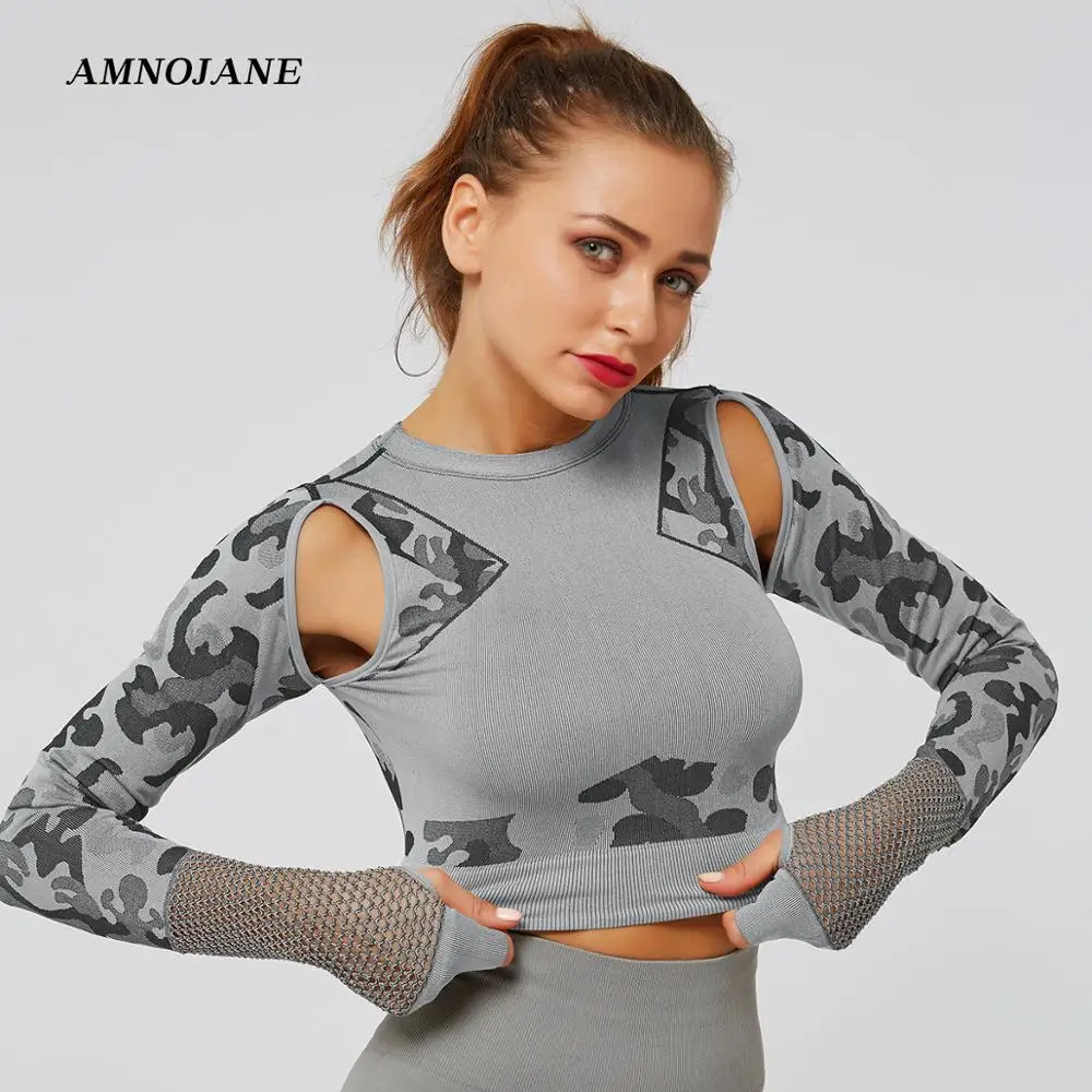

Camouflage Long Sleeve Sport Shirt Running Gym Yoga Top Seamless T-Shirt Tank Fitness Crop Top Workout Tops for Women Shirts Bra