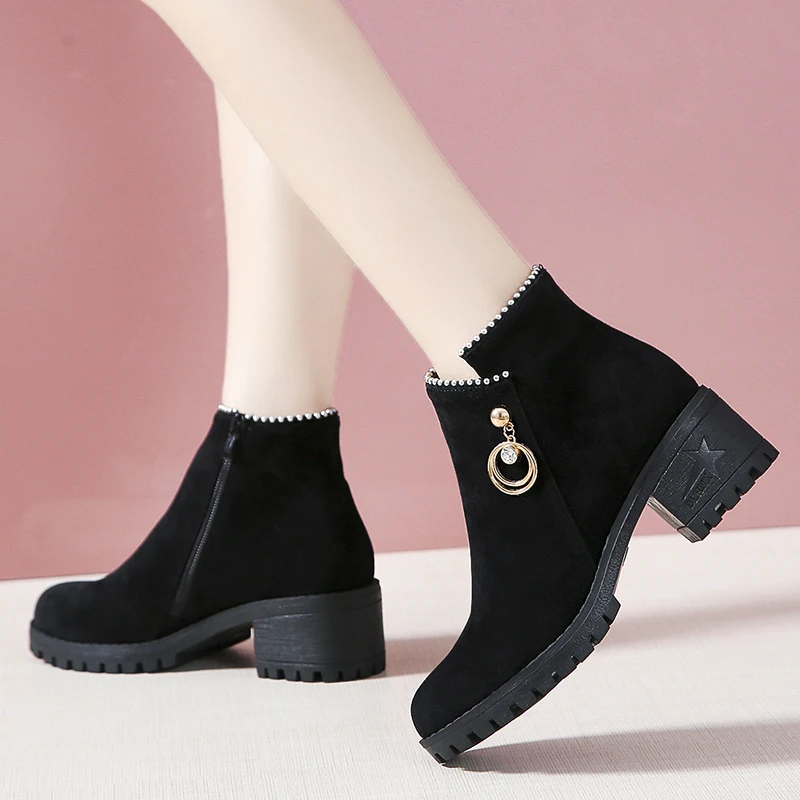 Autumn Winter Warm Women Ankle Boots Square High Heels Leather Boots Pointed Martin Boots Casual Pumps