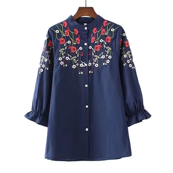 

2020 Women Three Quarter Sleeve Stand Collar Dark Blue Plus Size Blouse Shirts Top For Autumn