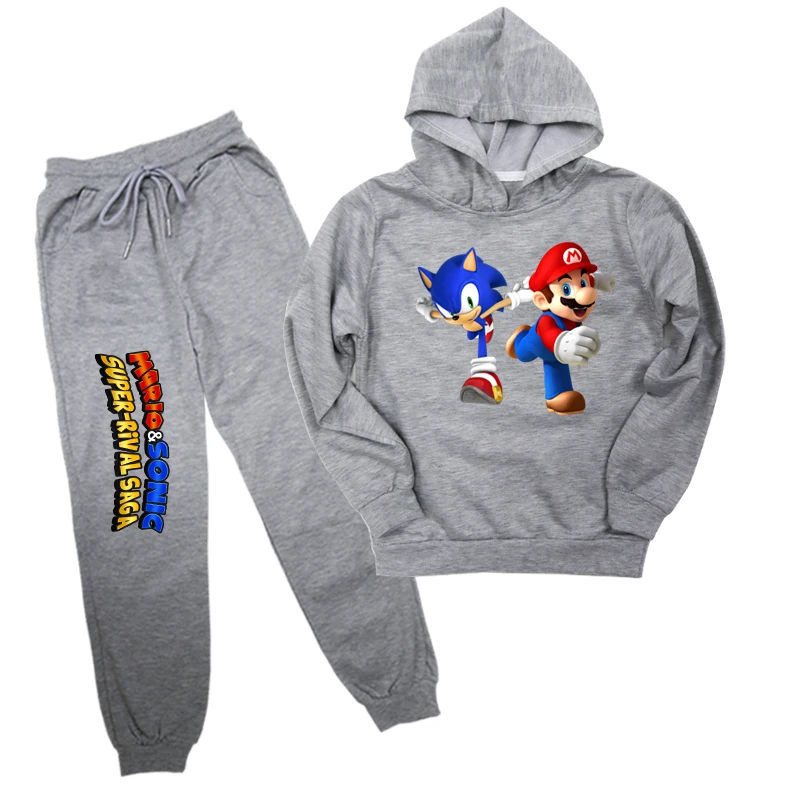 Sonic The Hedgehog Mario 2pcs/Set Children Hoodies Pants Kids Tracksuit Unsex Casual Pullover Sweater And Trousers For 2-14Y - Цвет: Серый