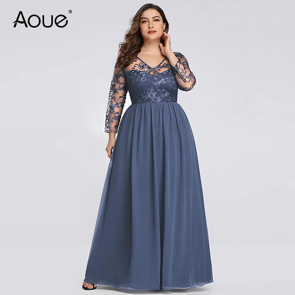 

Aoue Plus Size Evening Dresses 2019 Elegant V-Neck long sleeve Ruffle Chiffon lace Formal Evening Gown Party Dress